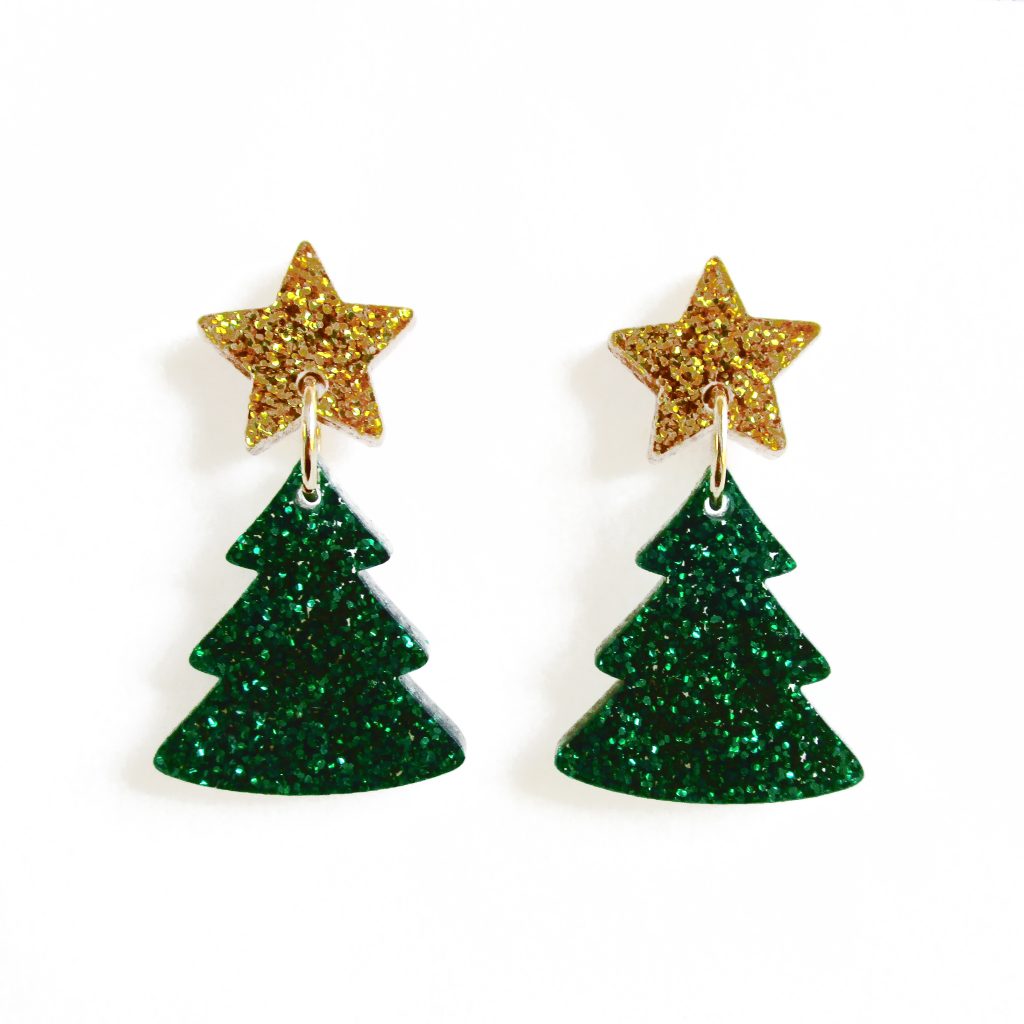 Ag Sterling Deep Green and Red Christmas Tree Stud Earrings
