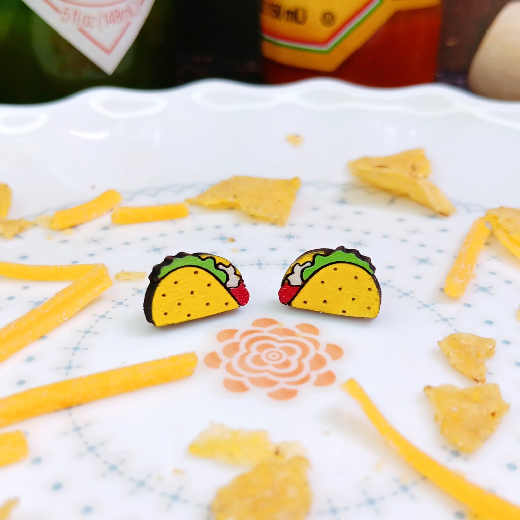 Cute Wood Taco Tuesday Handmade Wooden Wood Mexican Food Truck Foodie Stud Earrings Jewery Gift ()