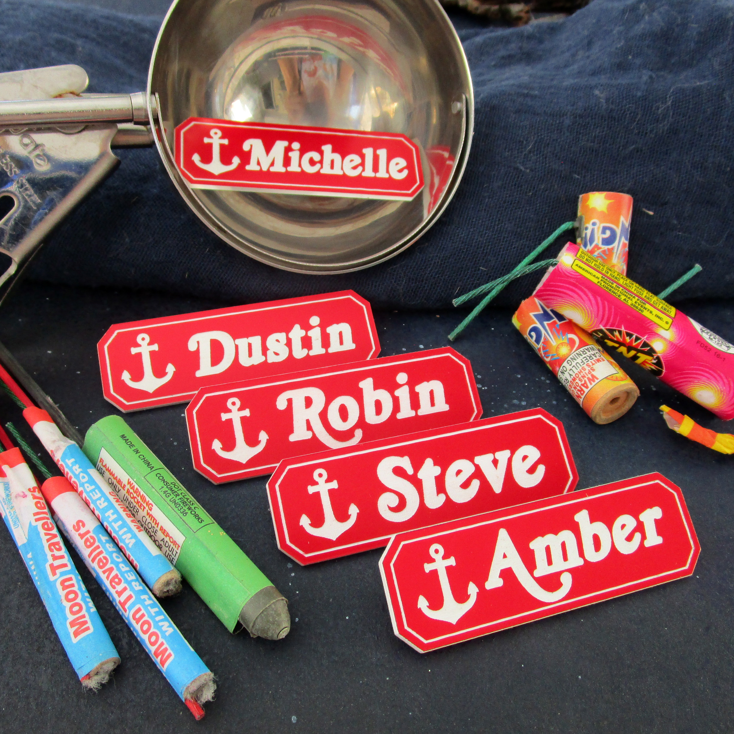 custom scoops ahoy name badge tag with fireworks from stranger things for sale