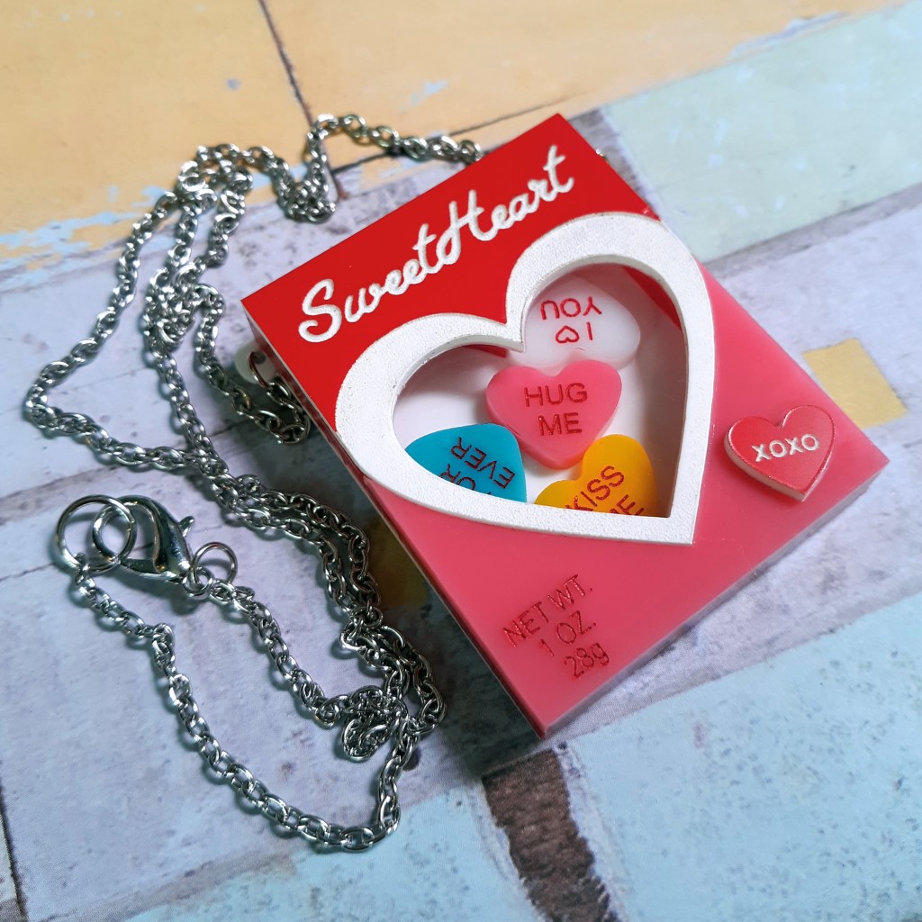SweetHeart Candy Conversation Heart Candy Box Valentines Day Pendant Necklace Jewelry Valentine Gift Large Statement Necklace