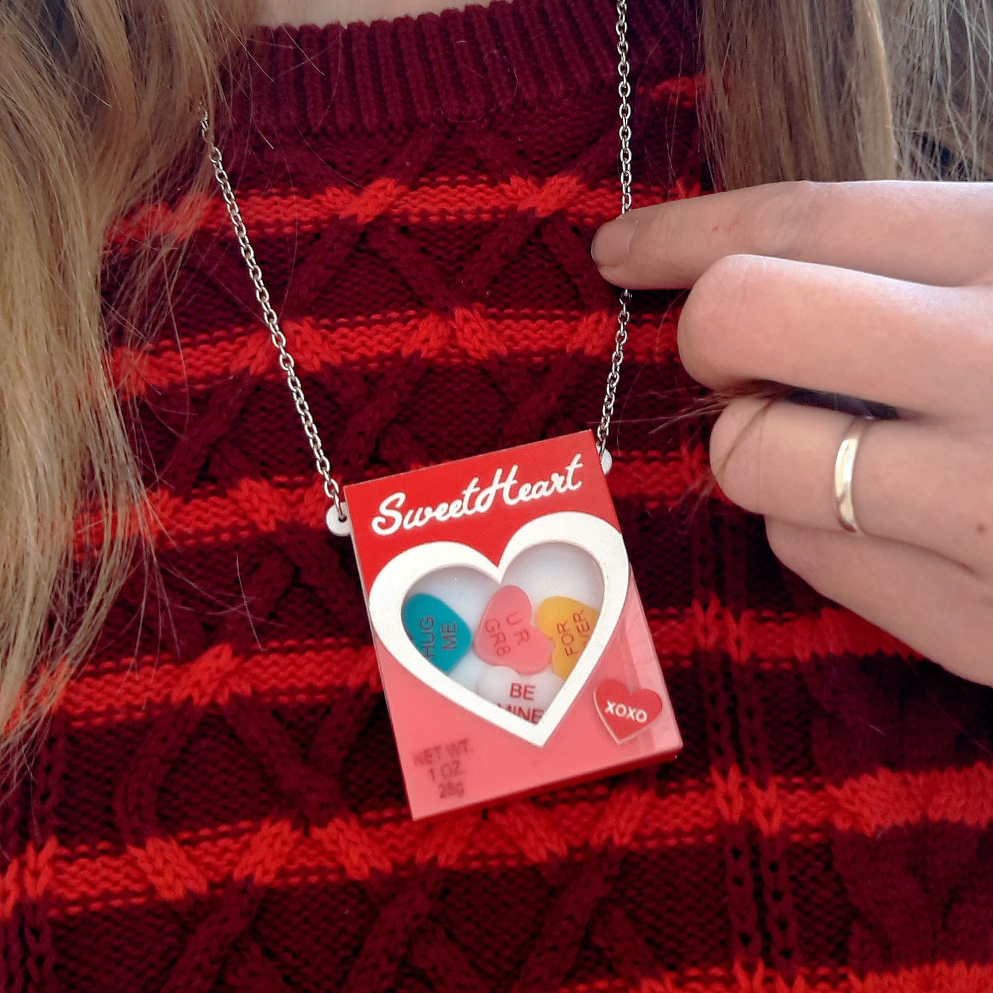 SweetHeart Candy Conversation Heart Candy Box Valentines Day Pendant Necklace Jewelry Valentine Gift Large Statement Necklace