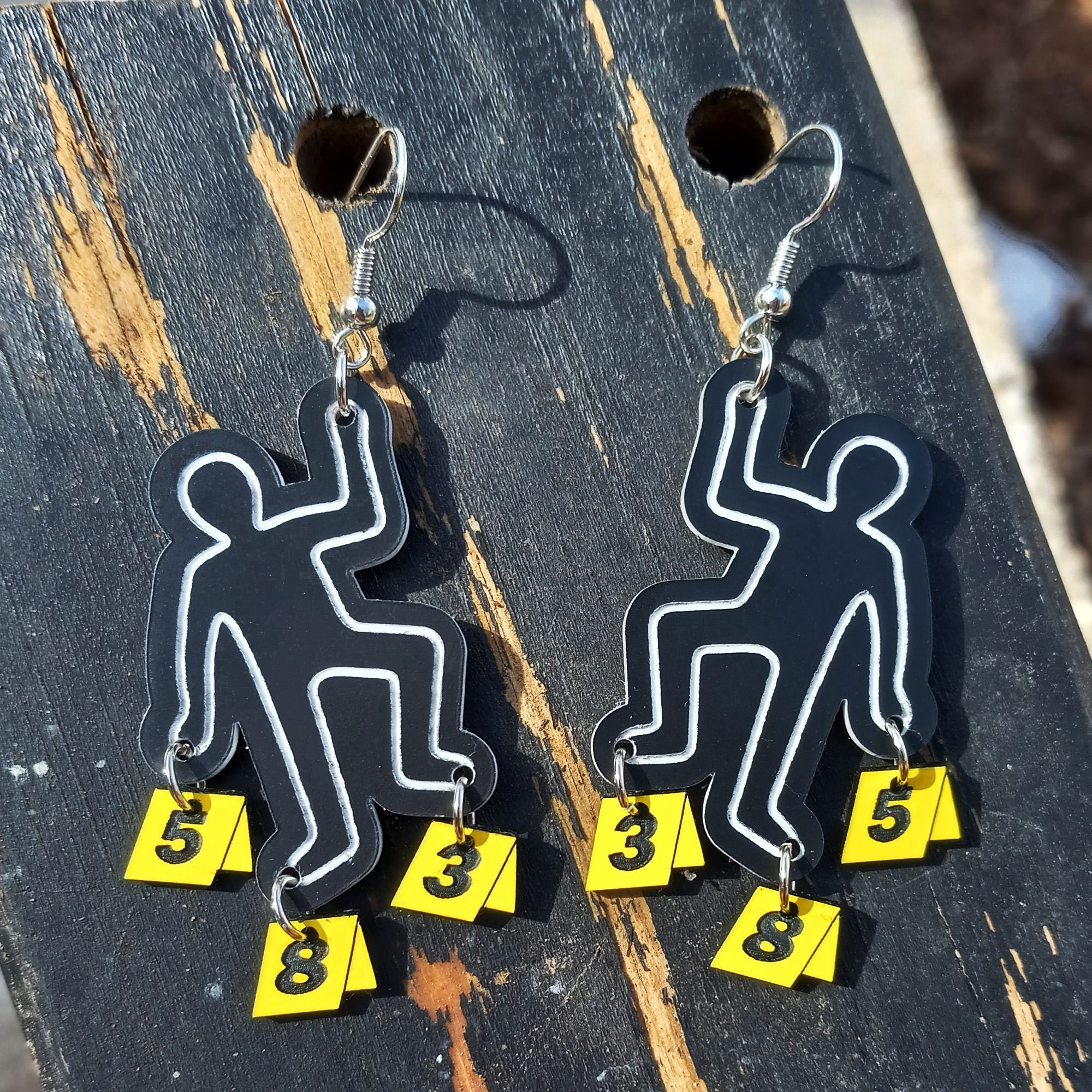 True Crime Scene Fan Body Chalk Outline with Evidence Markers Funny Murder Mystery Party Big Goth Earrings Jewelry