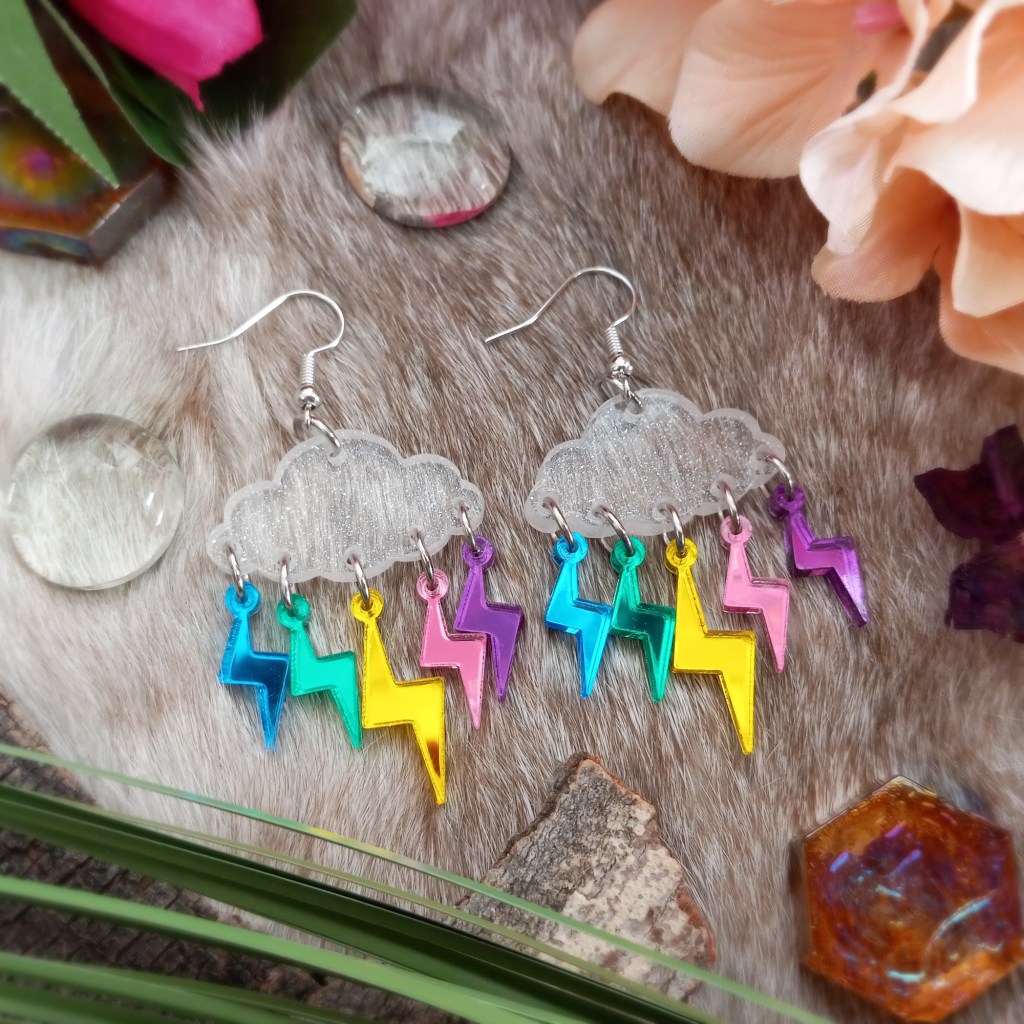 Rainbow Glitter Lightning Cloud Pride Showy Big Shiny Spring Springtime Summer statement dangle earrings