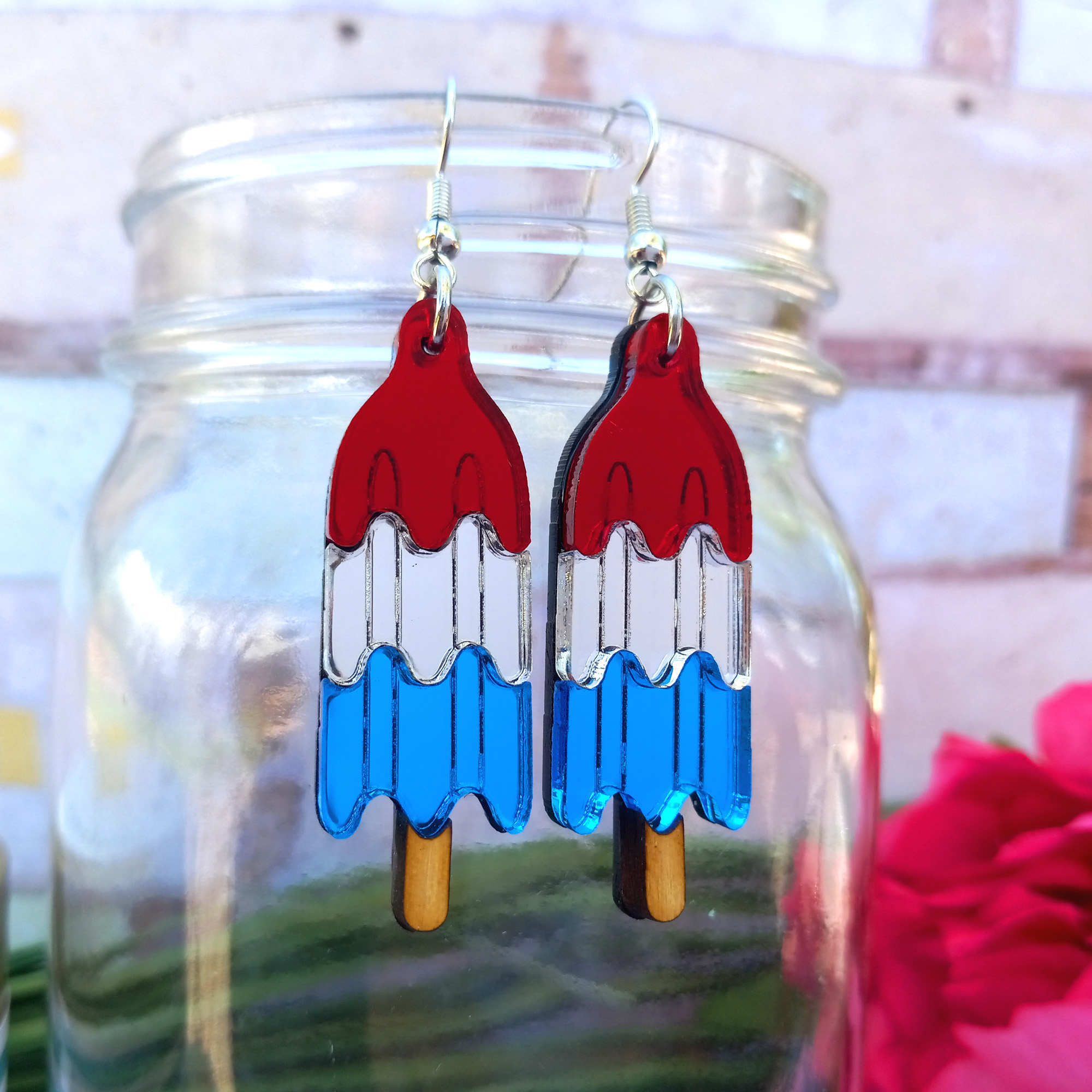 Rocket Pop Red White Blue Memorial fourth th of July Summer Trend Mirror Big Acrylic Popsicle Dangle Statement Earrings Jewelry ()