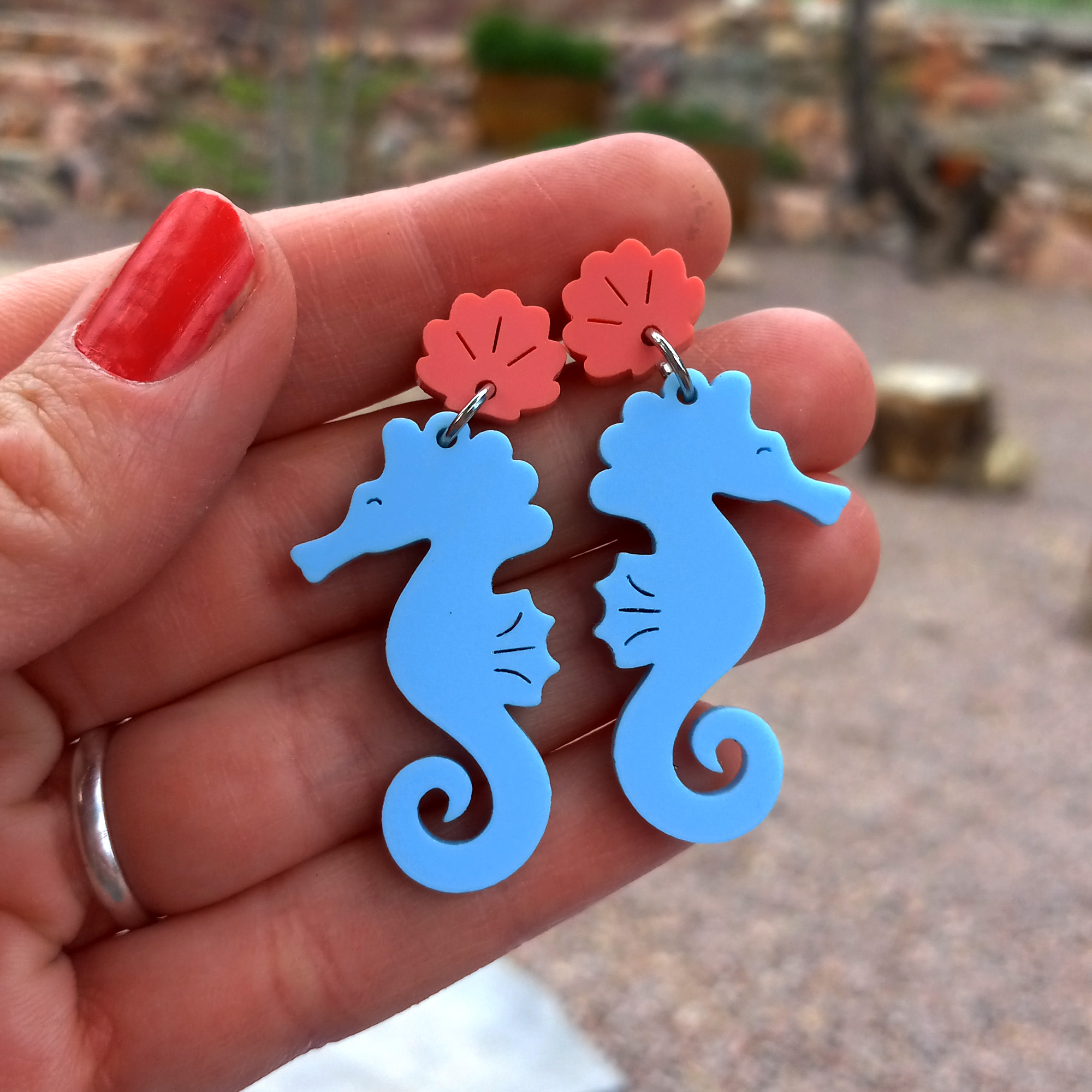 Cute Beach Summer Summertime blue seahorse and shell pastel stud dangle fun earrings jewelry ()