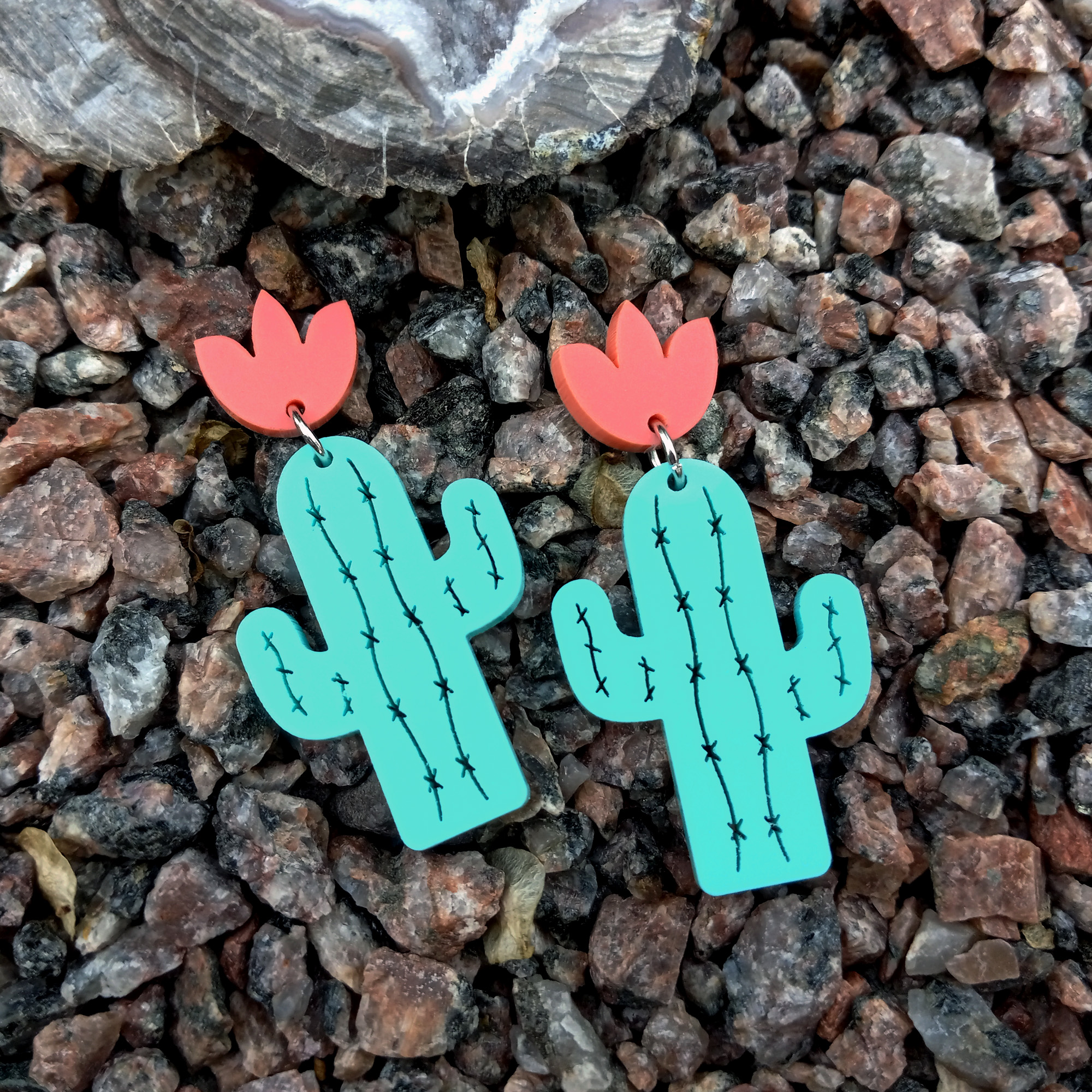 Saguaro Desert Summer Summertime cute southwestern cactus pastel dangle acrylic stud earrings fun jewelry ()