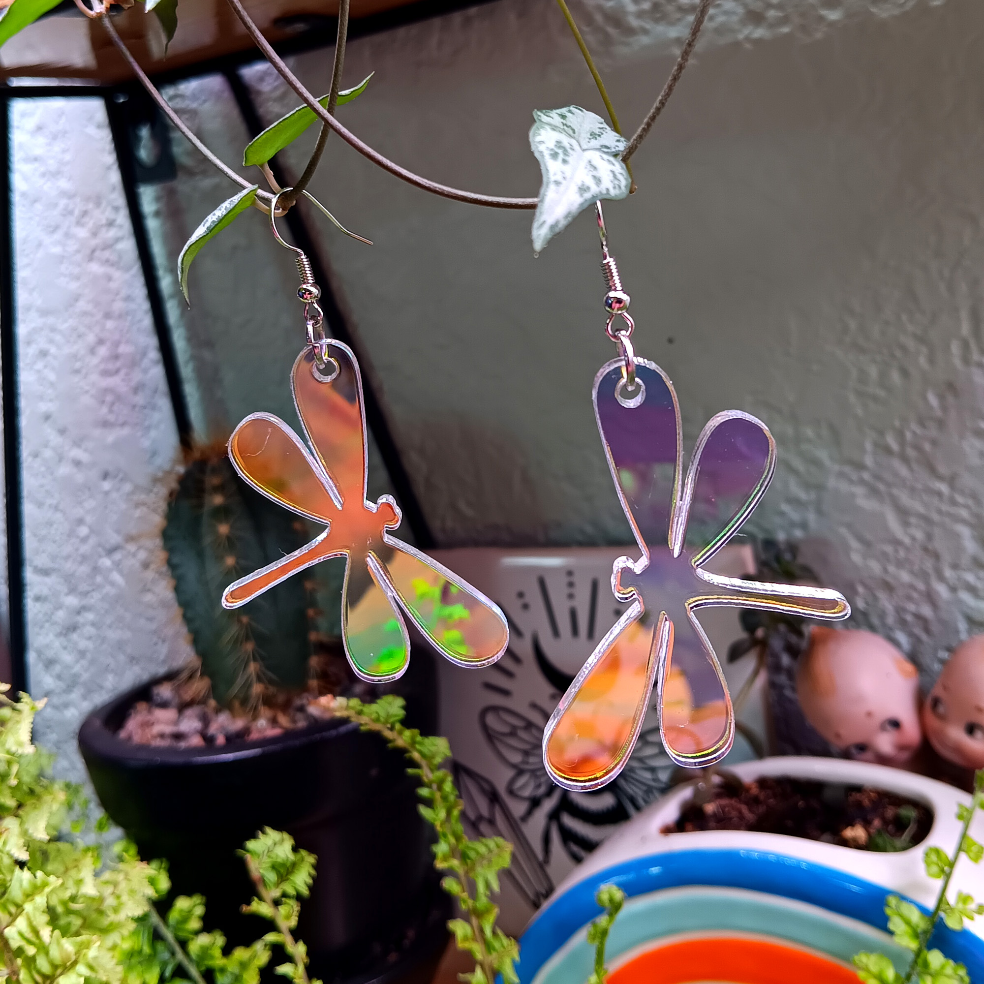 Iridescent Summertime Big Huge Dragonfly Dragonflies Shape Pretty Dangle Statement Earrings Shiny Jewelry ()
