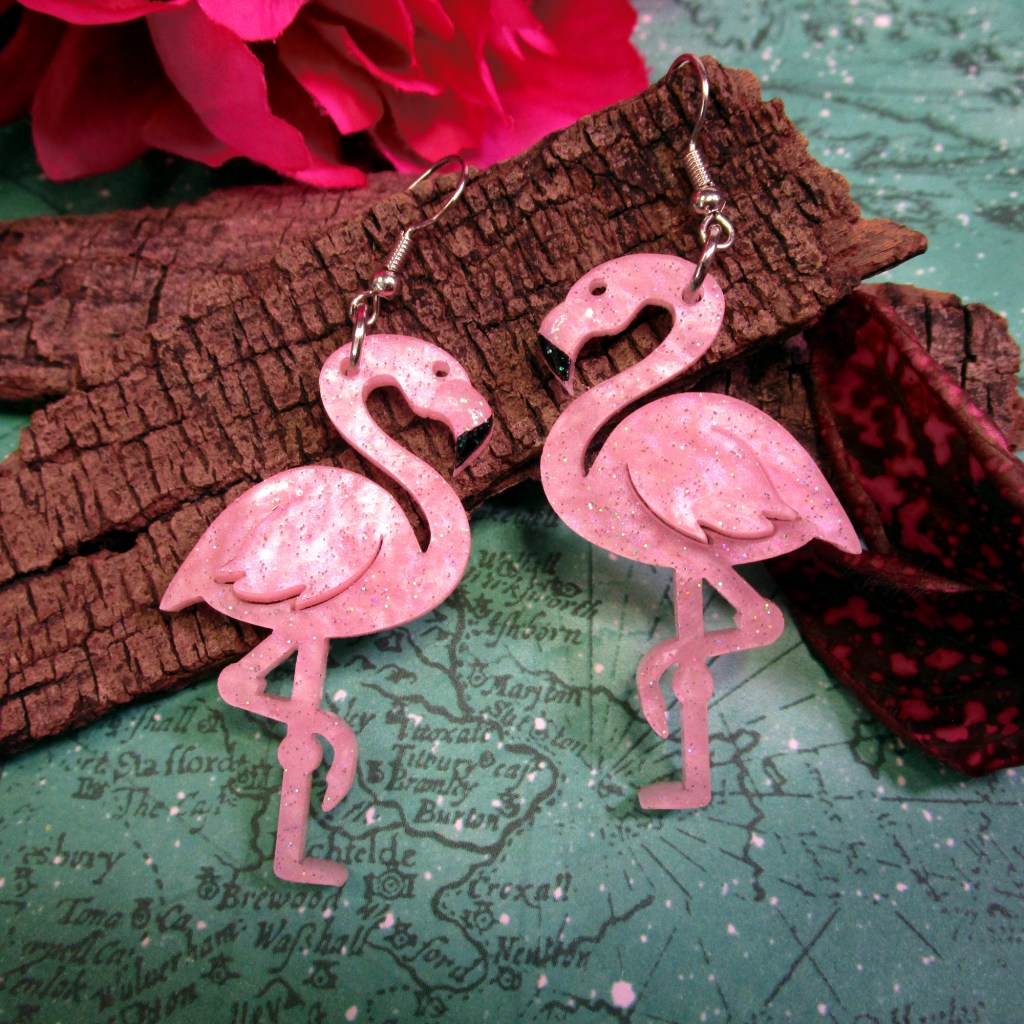 Magical Pink Glitter Flamingo Summer Dangle Statement Earrings Summertime Pretty Jewelry ()