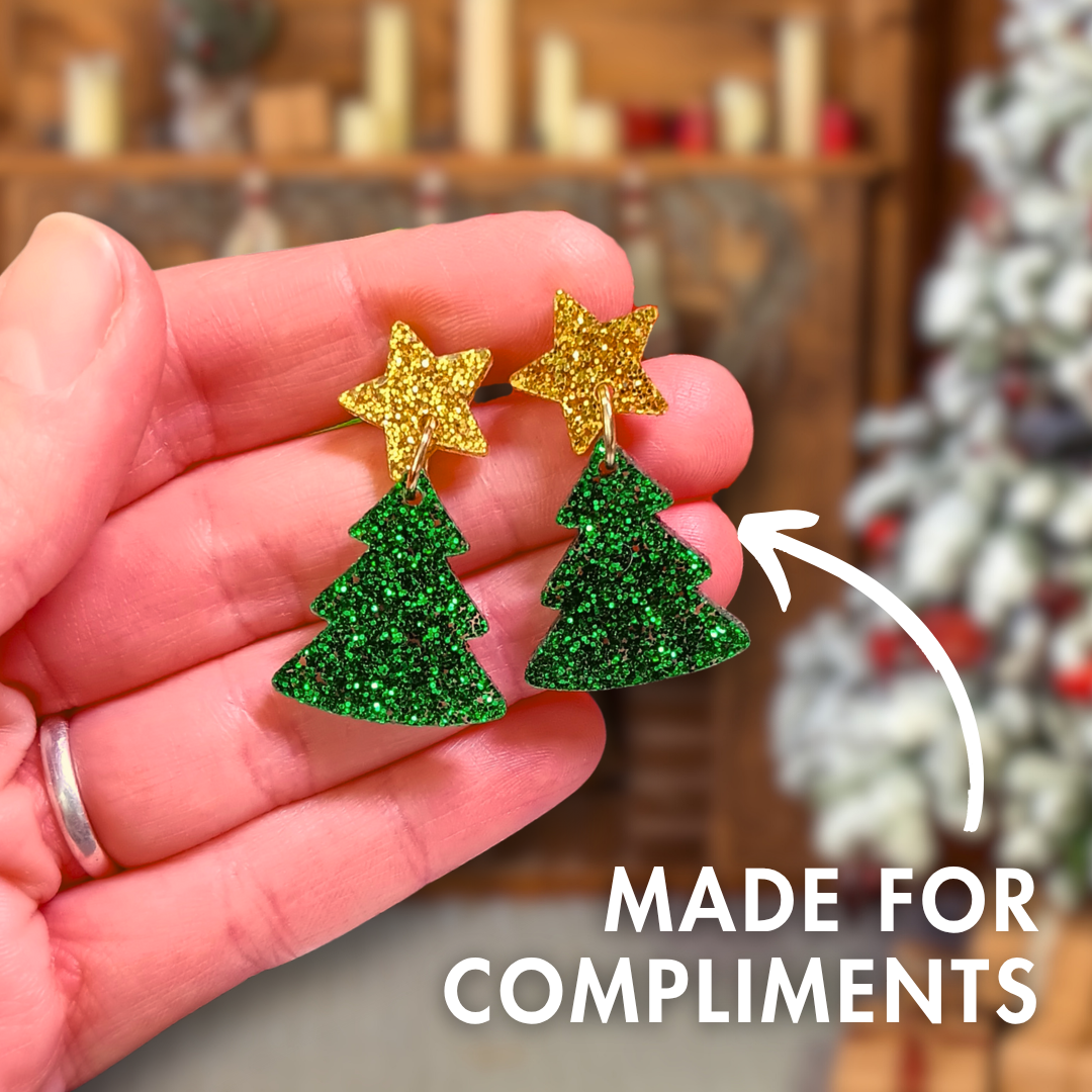 Gold Glitter Star Christmas Tree Earrings, Festive Acrylic Dangle Studs, Lightweight Holiday Jewelry Gift ()